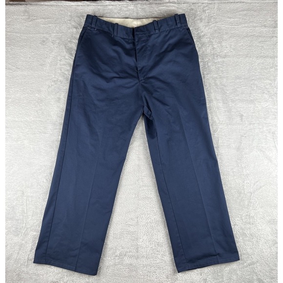 VTG Sears Roebuck Perms Press Pants Mens 34x28 Navy Blue Chino Wide Leg - Picture 1 of 9